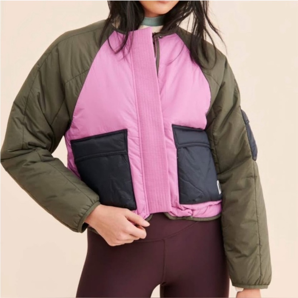 Fp Movement By Free People Pink Green W Black Pockets Bomber Jacket Lrg Euc View 4
